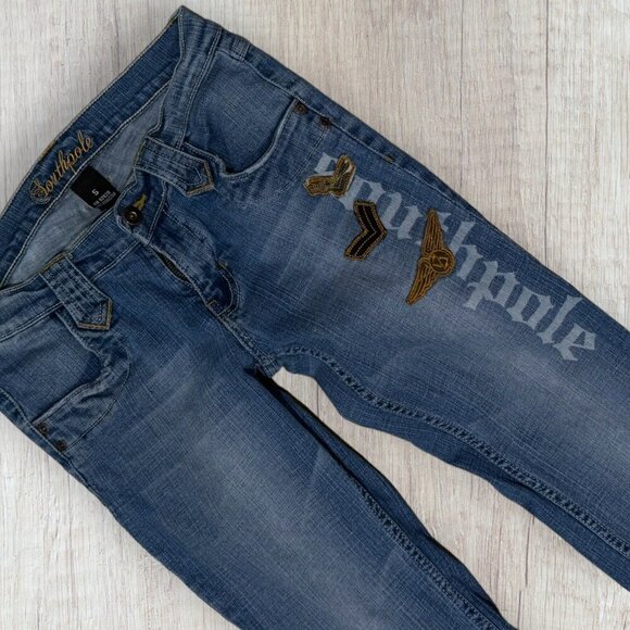 SOUTHPOLE Vintage Camo Military Patch Embroidered Straight Denim Jeans Women's 5 - Picture 2 of 6